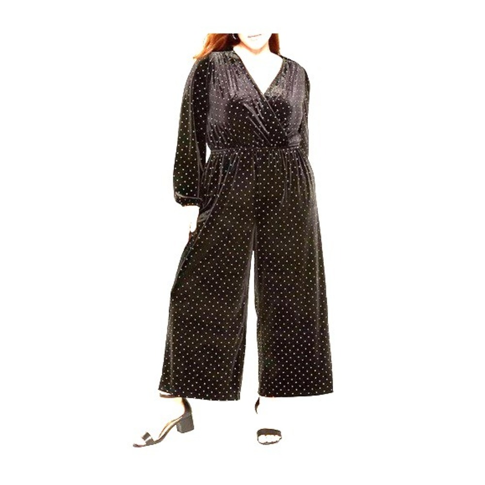 Lane Bryant Velvet Wide Leg Jumpsuit Women's 18/20 Black Gold Poka Dots Glam NEW